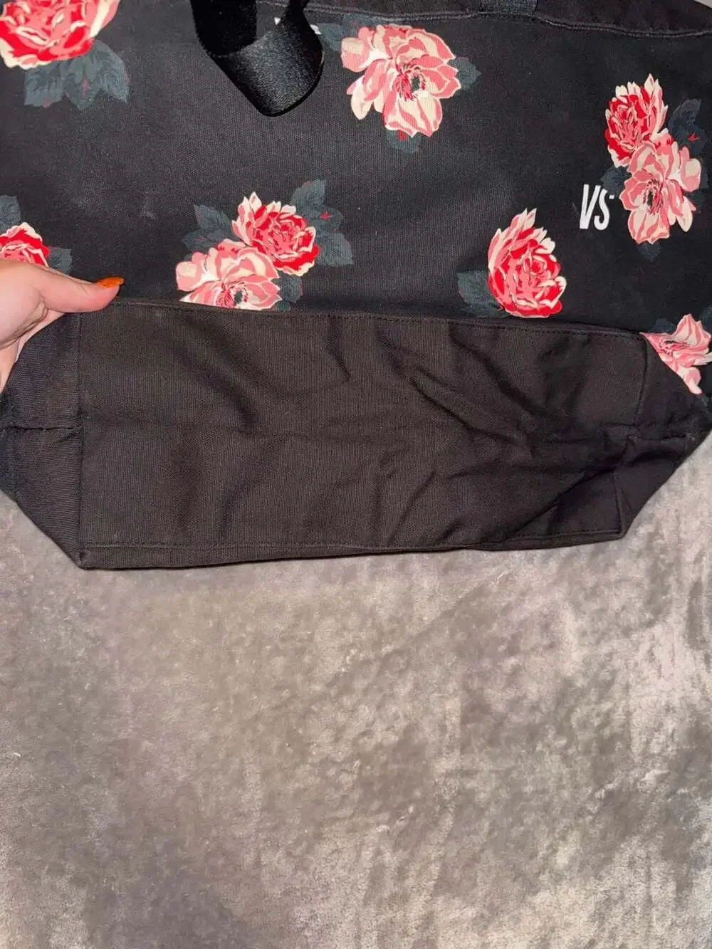 Victoria's Secret Black Floral Canvas Tote Bag with VS Logo